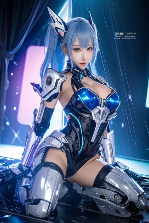 Jay super details, High Detail, high quality, best quality, High resolution，1 female robot，beautiful female machine,beautiful clear face(Rain waves_ haneame：1.5), looking at the audience, skin tightening clear vinyl, Long blue hair, Gray eyes, pale skin, s...