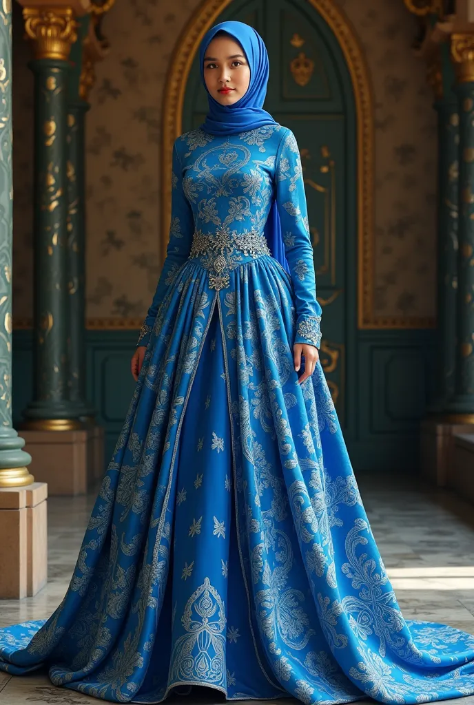 fancy blue batik kebaya dress like Cinderella's kebaya batik with hijab, big dress front from below 