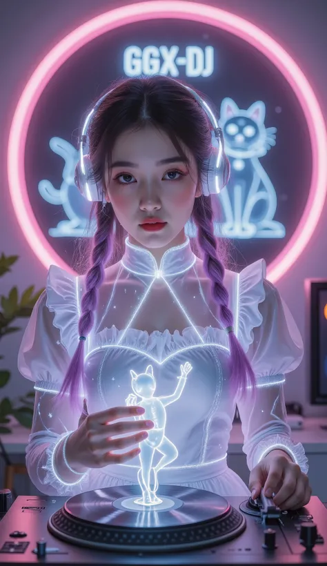 Full Color, (transparency:2.0), Girl's body faces the audience ,She wears light-emitting headphones🎧, wearing a maid costume on the bench,The background wall has a glowing aperture,Close shot,
rest Ultra-realism, Detailed Realistic Skin Textures , det...