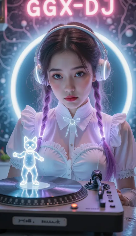 Full Color, (transparency:2.0), Girl's body faces the audience ,She wears light-emitting headphones🎧, wearing a maid costume on the bench,The background wall has a glowing aperture,Close shot,
rest Ultra-realism, Detailed Realistic Skin Textures , det...