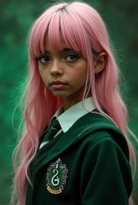 Teenage girl, dark skin, brown eyes, light pink hair, long straight hair with bangs, , wearing Hogwarts school uniform, Slytherin House, Slytherin,