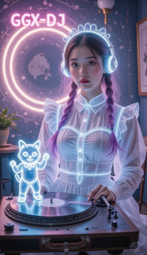 Full Color, (transparency:2.0), Girl's body faces the audience ,She wears light-emitting headphones🎧, wearing a maid costume on the bench,The background wall has a glowing aperture,Close shot,
rest Ultra-realism, Detailed Realistic Skin Textures , det...