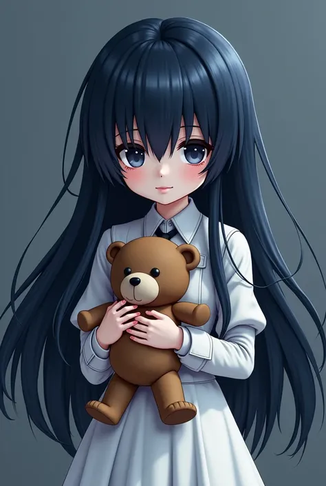  long hair suit, very dark blue hair color, Fringes almost covering the eyes,  white dress, dark eye, Sober personality,  white skin, fly away, holding an old teddy bear, anime, game 3D terror.Error theme, sonbria,