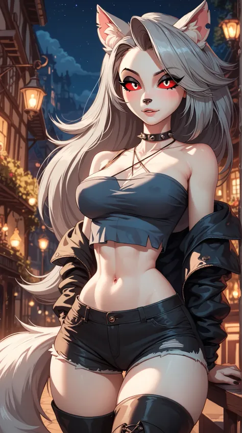 Perfect eyes, perfectly sexy face , extremely detailed, looking at the spectator, red eyes, loona, hazbin hotel, wide hips , animal ear, animal ears , animal nose, tail, shorts brancos, short shorts , thigh boots, short top, apenas_shoulder, Fantas...