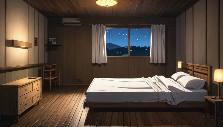  Anime style, A motel room with ((wooden floor)) and ((wooden bed with sheet )) night view ,bed in dim light ,