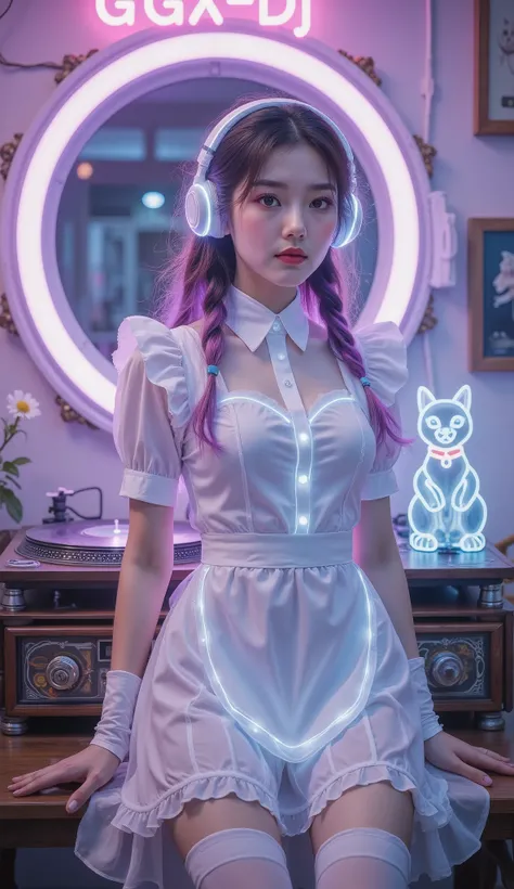 Full Color, (transparency:2.0), Girl's body faces the audience ,She wears light-emitting headphones🎧, wearing a maid costume on the bench,The background wall has a glowing aperture,Close shot,
rest Ultra-realism, Detailed Realistic Skin Textures , det...