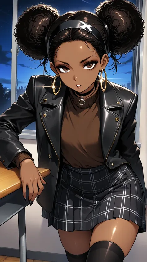 1Girl, Mature, Ebony, African American, Dark Skin, Jet Black Hair, Afro, Double Bun, Shiny Hair, Bright Brown Eyes, Black Nails, Dark Brown Eye Shadow, Medium Chest, Brown Turtleneck Shirt, Black Demin Jacket, Black Plaid Skirt, Black High-Thigh Socks, Bla...