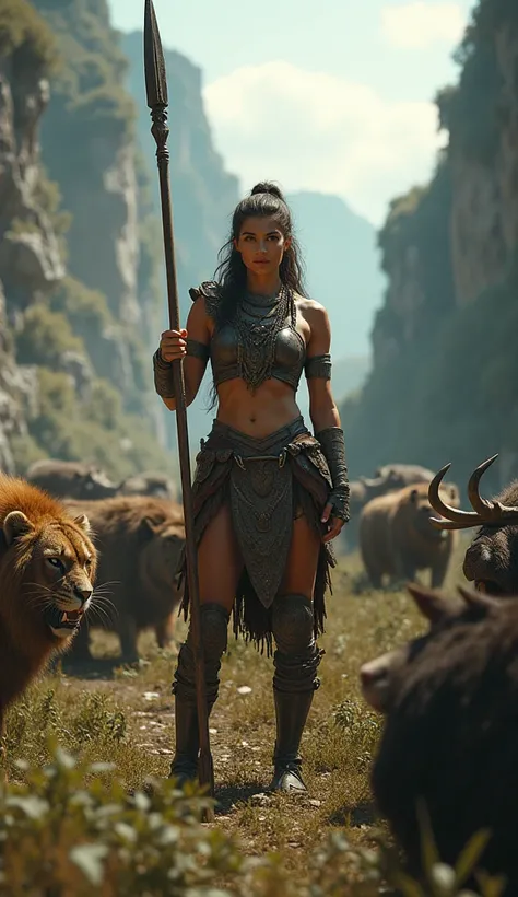 a female warrior with a spear in her hand, surrounded by wild animals and looking at them without fear 8K 