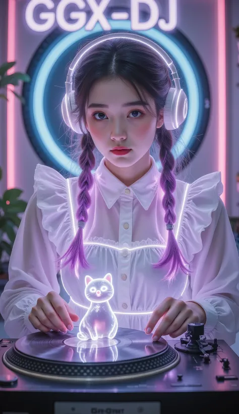 Full Color, (transparency:2.0), Girl's body faces the audience ,She wears light-emitting headphones🎧, wearing a maid costume on the bench,The background wall has a glowing aperture,Close shot,
rest Ultra-realism, Detailed Realistic Skin Textures , det...