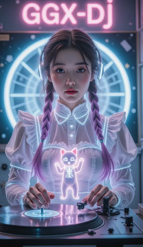 Full Color, (transparency:2.0), Girl's body faces the audience ,She wears light-emitting headphones🎧, wearing a maid costume on the bench,The background wall has a glowing aperture,Close shot,
rest Ultra-realism, Detailed Realistic Skin Textures , det...