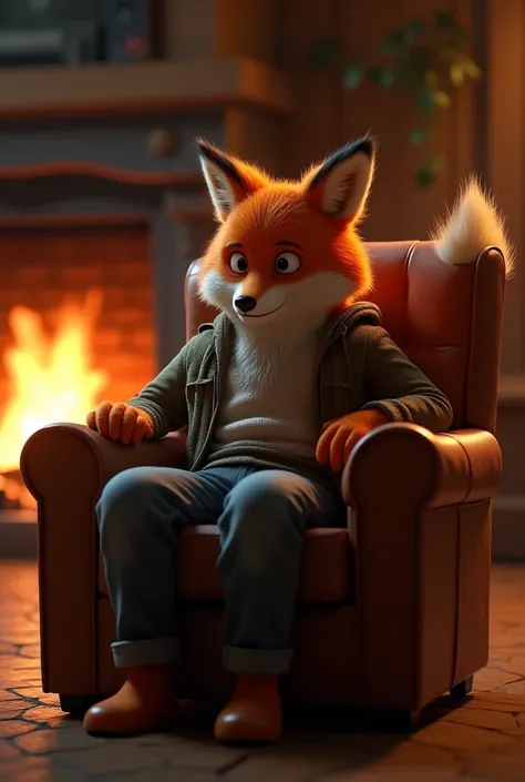 Furry anthro fox, sitting on chair, fire