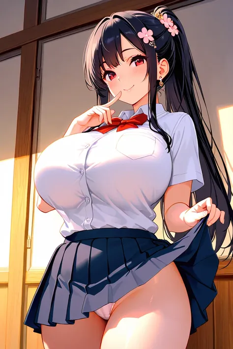 8k,masterpiece, best quality, ultra detailed, high resolution, super fine illustration, 1girl, solo, smile,red eyes, black hair,long hair,sidelocks, ponytail,huge breasts, school uniform, pleated skirt,hair ornament, flower ornament, earrings, finger to ow...