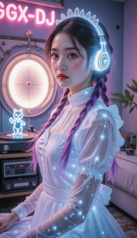 Full Color, (transparency:2.0), Girl's body faces the audience ,She wears light-emitting headphones🎧, wearing a maid costume on the bench,The background wall has a glowing aperture,Close shot,
rest Ultra-realism, Detailed Realistic Skin Textures , det...