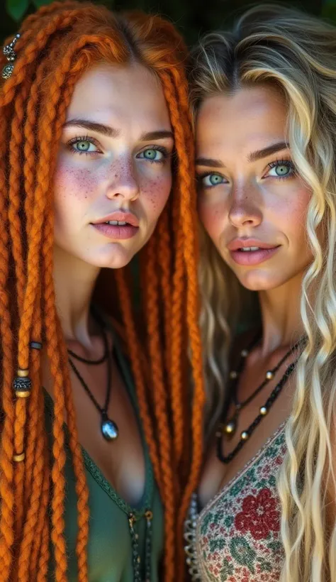 A woman with orange dreadlocks with white skin, freckles on her cheeks, intense green eyes, very attractive, with hippie ornaments on the dreadlocks, is posing for a photo with a friend of hers who is blonde with blue eyes and also a hippie, both have big ...