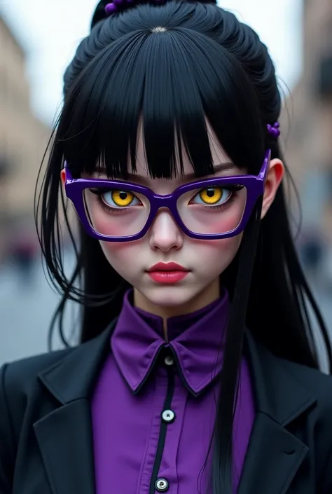 Do one with black hair tied with a hime cut on, serious yellow eyes ,  with purple Bayonetta glasses and a Barcelona outfit 
