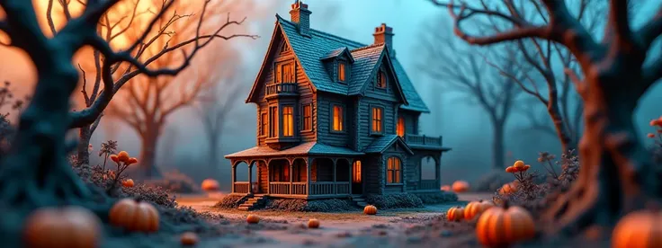 haunted house mockup, realistic, close up, decorative elements on the ground, very colorful, cartoon style