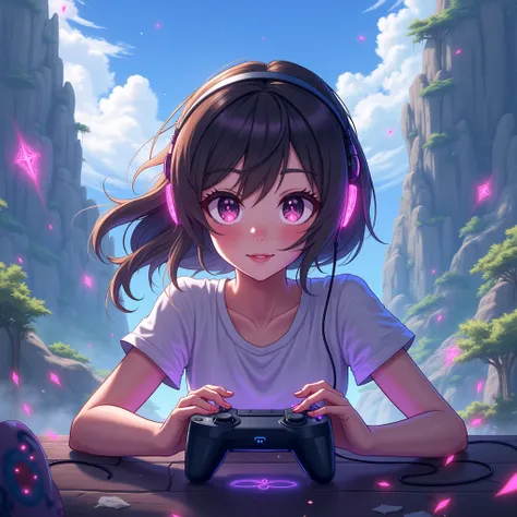 Anime Girl Living Game Brunette Playing MMO Games