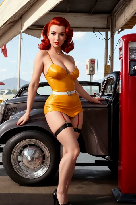 Wide-angle shot of a sizzling 1950s scene: a ravishing redheaded pin-up girl stands provocatively by a vintage gas pump at a full-service station on America's iconic Route 66. Her luscious locks are styled in a nostalgic '50s pin-up art flair, accentuating...