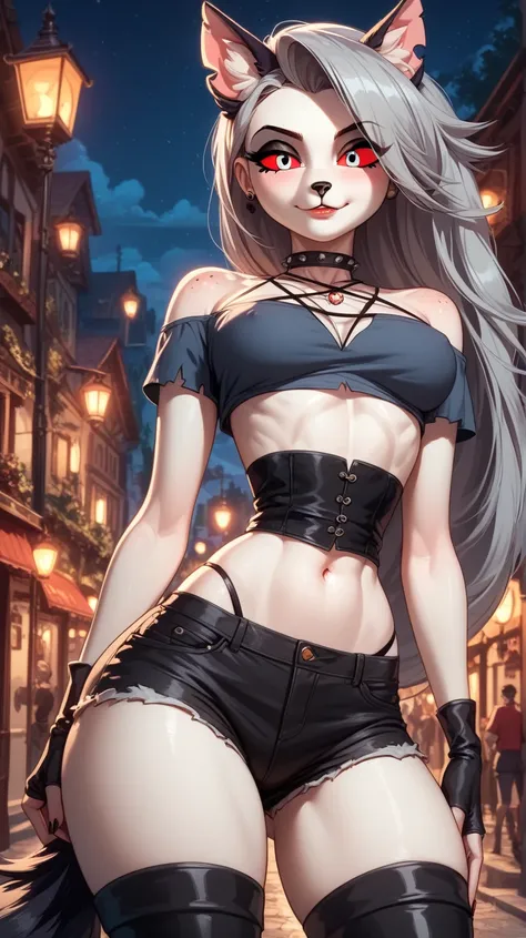 Perfect eyes,  perfectly sexy face ,  extremely detailed,  looking at the spectator,  red eyes, loona, hazbin hotel,  wide hips , animal ear,  animal ears ,  animal nose, tail, shorts brancos,  short shorts , thigh boots, short top, apenas_shoulder, Fantas...