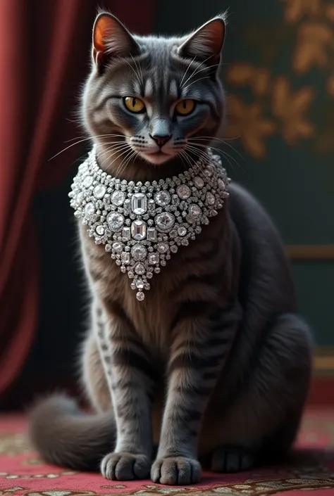 A fully cat wearing sparkling big
 diamond necklace 