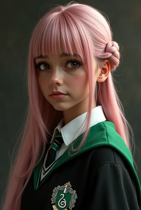 Realistic girl, dark skin, brown eyes, light pink hair, long straight hair with bangs, Tie the knot on the side, wearing Hogwarts school uniform, Slytherin House 