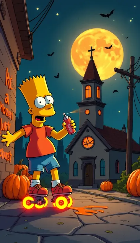 bart simpson,  using inline skates with glowing luminous wheels, spray orange paint on the hand writing Halloween on a wall,  gloves and knee pads , Full Moon Church, pumpkins, calaveras, realistic bats,  moving at speed in the city at night, orange smoke,...