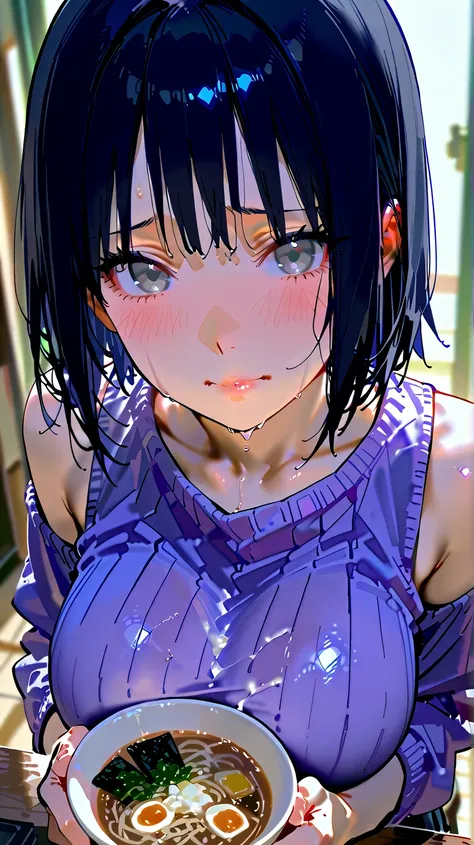 Close-up photography of a pretty 18-year-old beauty. 
Hinata Hyuga, pale skin, big breast, sexy, hot, white silver grey eyes, bangs, black hair, short hair, Ramen shop, Naruto
Her collarbones, shoulders, wet lips, wet white t-shirt, light purple sweater un...