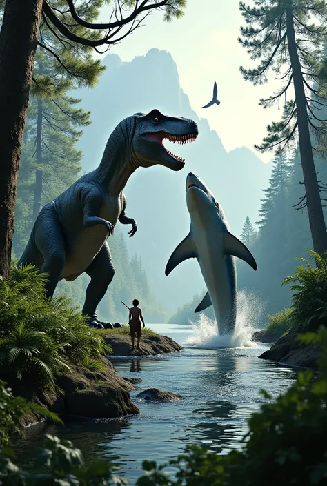 "A prehistoric jungle scene with a massive Tyrannosaurus rex standing on the riverbank, roaring at an enormous great white shark that is leaping out of the water. The background features towering pine trees, mist-covered mountains, and a pterosaur flying i...