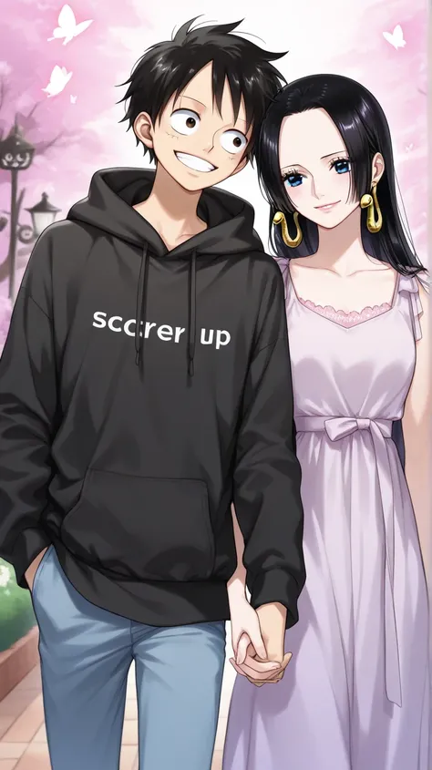 cute Boa hancock and luffy , They are couple, both characters in one frame walking at night garden, shiny butterfly,Boa hancock smiling cutely, cute Boa hancock weariing normal pink loose fitting dress. & Luffy wearing black hoodie cap in head, perfect cou...