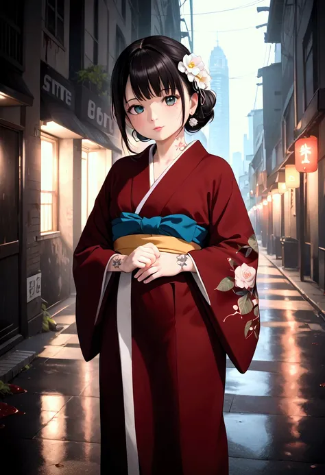 a beautiful yakuza girl with detailed facial features, intricate yakuza tattoos covering her body, wearing an elegant japanese kimono, standing in a dark alley covered in blood, (best quality,4k,8k,highres,masterpiece:1.2),ultra-detailed,(realistic,photore...