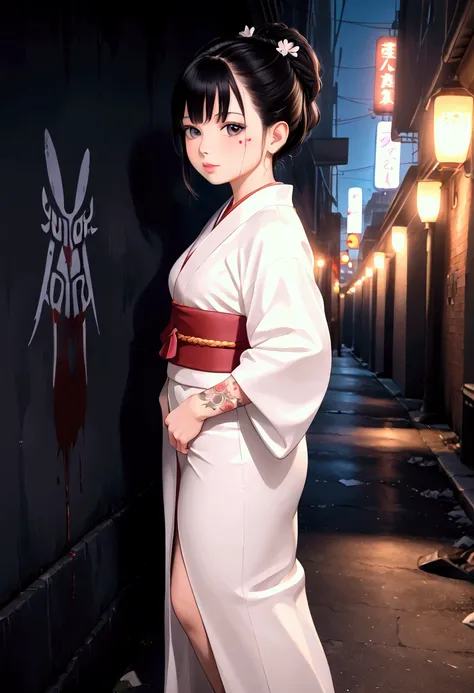 a beautiful yakuza girl with detailed facial features, intricate yakuza tattoos covering her body, wearing an elegant japanese kimono, standing in a dark alley covered in blood, (best quality,4k,8k,highres,masterpiece:1.2),ultra-detailed,(realistic,photore...