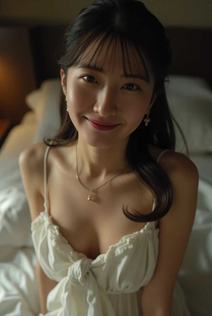   TOP QUALITY,   ultra high resolution , (  Ishihara Satomi ),   in a hotel room,   sitting in bed , (([[Insert、Deep joy、  severe pain  、 drunk eyes:1.2, （  seen from above :1.5）、fear, ((  close your eyes and take a deep breath :1.2)),   ecstatic face、  cl...