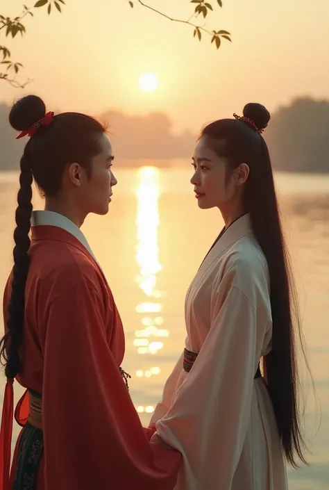 In the morning light, a large river is rippling lightly. On both sides of the river, there is a boy in ancient costume and a beautiful girl in classical style, facing each other across the river. The girl is wearing exquisite Hanfu, and the rising sun gent...