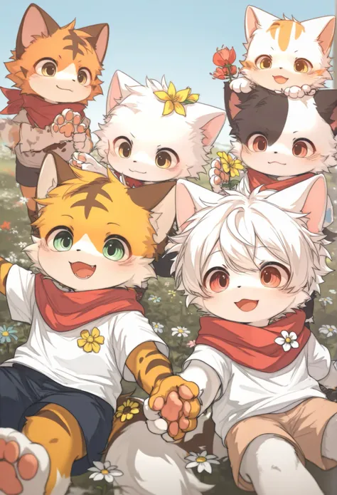 Cat Boy，furry boy， toddlers，Three Flower Cats， white hair，orange skin ，Red scarf， shorts，Short sleeve，one person