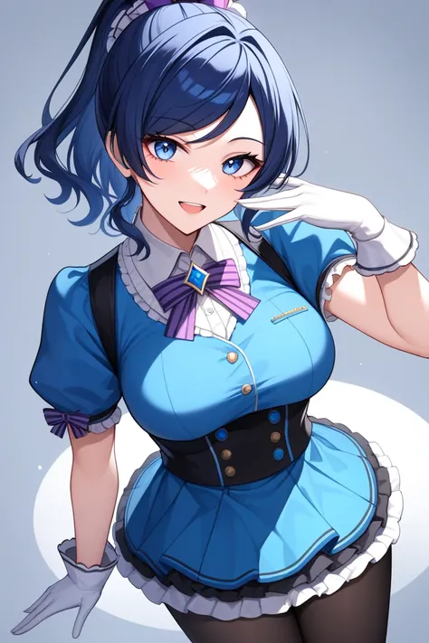 (master piece, best quality, ultra-detailed, 8K), anime, 1girl, solo, looking at viewer, (tsurime, dark blue hair, swept bangs, high ponytail, medium hair, light, blue eyes), (perfect face, beauty face, delicate face), (standing), (idol, idol costume, dark...