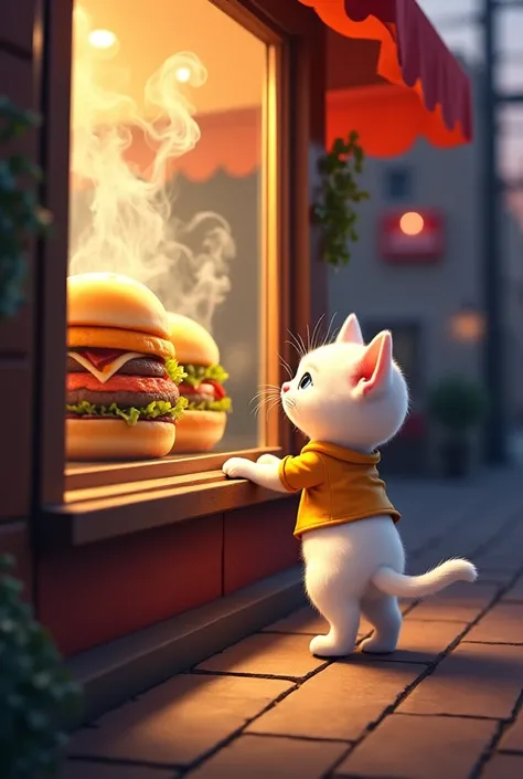 #### **2️⃣ Scene 2: Spotting the Burger Shop**  
*"The white kitten, dressed in its little shirt and pants, suddenly stops, its eyes widening with excitement. In front of it is a bright and colorful burger shop with a large glass window. Inside, steaming h...