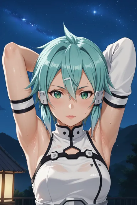 8k, ultra_quality, sword art online, asada Sinon, sexy, sleeveless, best_quality, masterpiece, detailed_outfit, girl, woman, beautiful, long hair, blue hair, anime, upper_body, looking_at_viewer, arm_up, one_arm_up, arm_behind_head, armpit, detailed_armpit...