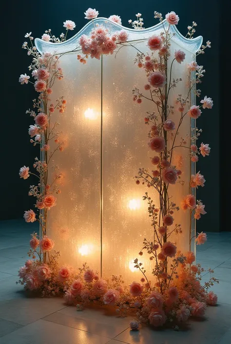 A flowered and lamp-lit transparent glass wardrobe