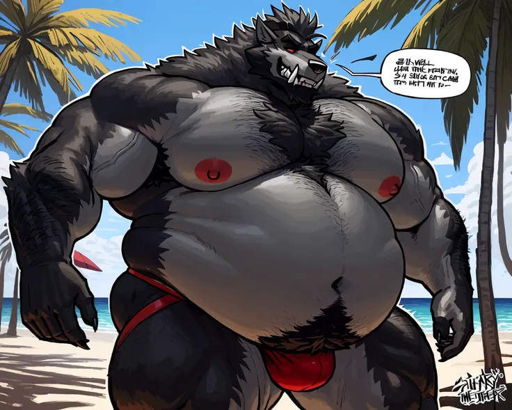 Duo, Werewolf,（Pure black fur:1.2）， strong muscles，Tall， Strong physique ，Very powerful , Perfect Anatomy , masterpiece, Black Tail, Red Eyes,（ black jacket ：1.2），（ Black Shorts :1.2）， shirtless, Unique, Very well lit , from Zixiong , from Zixiong , By Zac...