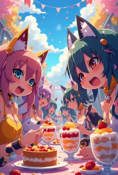 Many cat girls and many dog girls face each other and have a big parfait eating competition。 Cat girl is wearing cat pattern clothes。Dog girl is wearing dog pattern clothes 。 dynamic angles