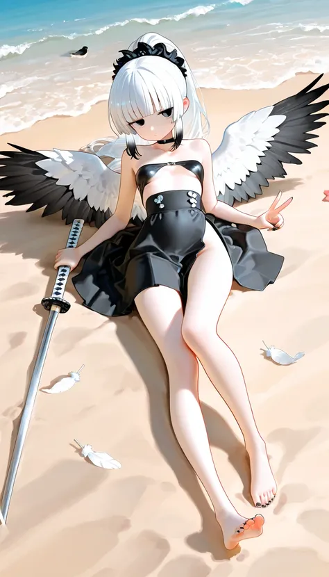 1girl, black eyes, jitome, white Hair, black Gradient Hair, blunt bangs, hime cut, ponytail, bird wings, feathers hair, small Breast, maid, high-waist, Side slit skirt, Choker, bare legs, foot, toenails, black nails, masterpiece, best quality, Perfect deta...