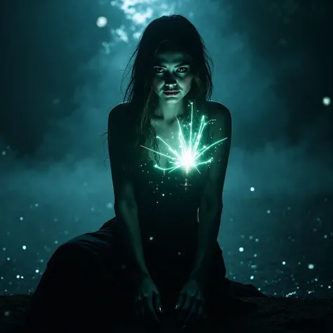 Evil,  A young woman is sitting on the riverbank,  looks at the camera with a terrible smile.  the girl glows with a magical light , magic lights around (Will-o'-the-wisps), Night, cane, fog, beautifully and creepily 