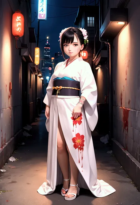 a beautiful yakuza girl with detailed facial features, intricate yakuza tattoos covering her body, wearing an elegant japanese kimono, standing in a dark alley covered in blood, (best quality,4k,8k,highres,masterpiece:1.2),ultra-detailed,(realistic,photore...