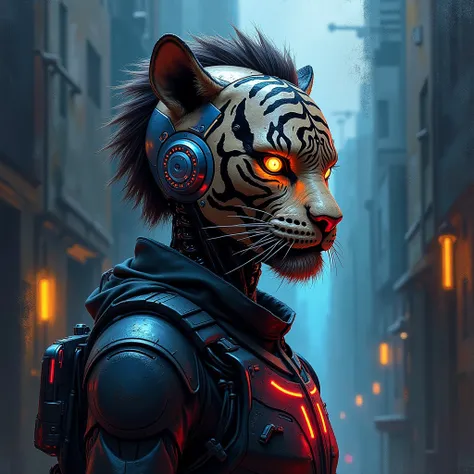 "Create an expressionist painting of a futuristic helmet robot with a striking, intricate tiger mask featuring mechanical details and a unique hairstyle. urban style. Use bold, expressive brush strokes to evoke emotion, incorporating a palette of stark blu...