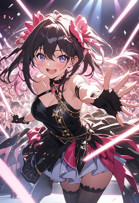 (AZKi),An anime-style illustration of AZKi, the virtual singer from Hololive, performing on stage with passion. She reaches out toward the audience with a heartfelt smile, one hand gripping a microphone while the other extends warmly. Her deep purple eyes ...