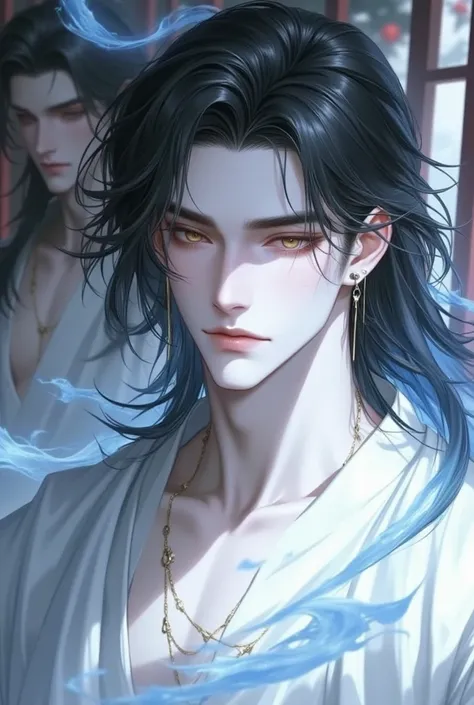 absurdres, Anime style, fantasy-style ancient china elegance in anime style, 1 man, male, fit body, 6 feet 5 inch tall, Hairstyle similar to Tamaki's, medium-Long black floating hair that reaches his back, piercing golden eyes, detailed eyes, peerless beau...