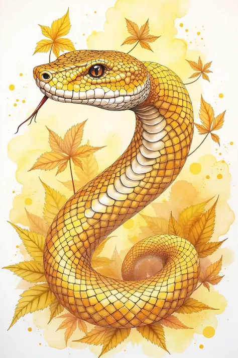 ink watercolor painting of a golden snake, yellow leaves in background, color splashing, pastel coloring, intricate detailed