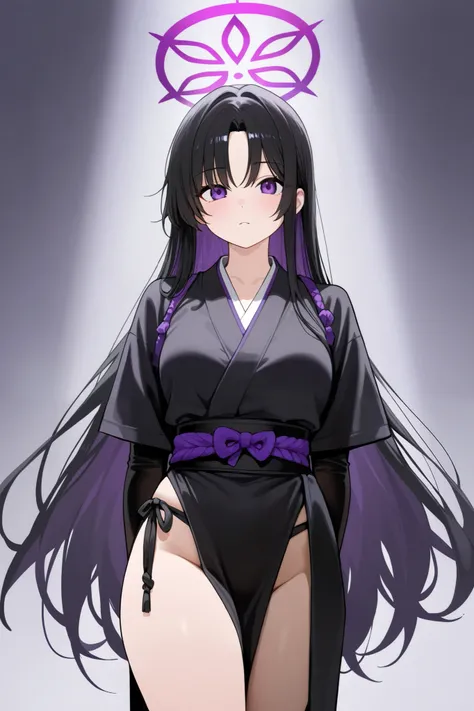 1 girl, Hair length reaches the back, Black hair and purple on the edges of the hair, purple eyes, but not bright, wear a sexy samurai outfit, หน้าอกไซส์ปานกลาง, have a purple halo