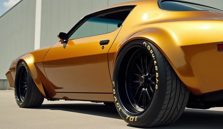 Scene 14: A close-up of the golden car's wheels and tires, showing off the muscle car's distinctive design. The model is 1977.

