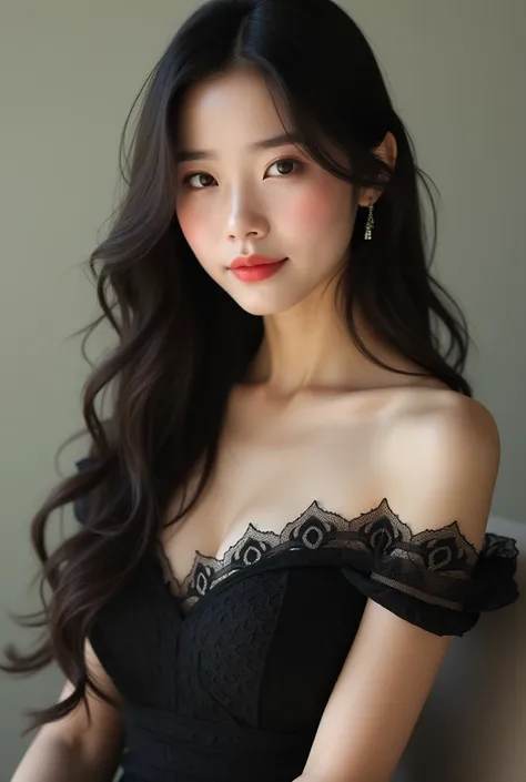 professional, beautiful Korean woman with long hair with a cute chubby face, wearing an elegant black dress with elaborate lace on the body, so graceful and charming, a gentle look on her face with a sweet smile, fantastic body curves with soft smooth skin...